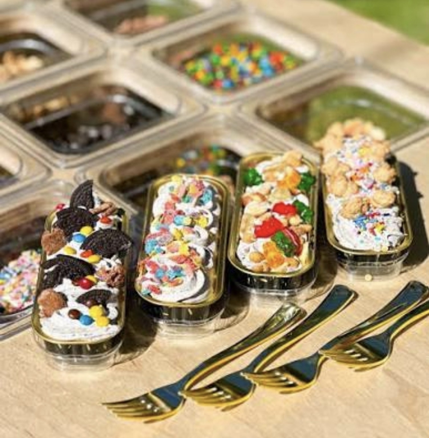 Individual dessert cakes customized with toppings from the Frost n Fun Dessert Cart