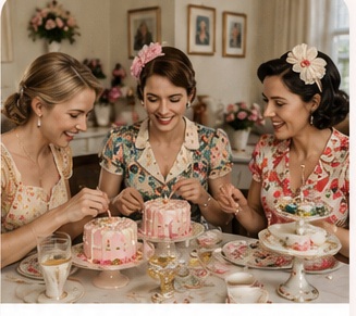 Adult women enjoying a vintage tea party cake decorating experience