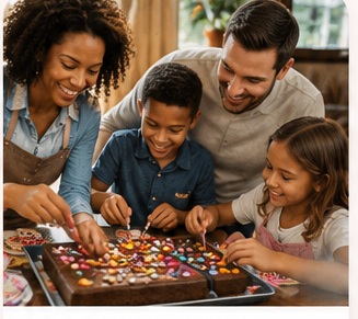Family decorating brownies together