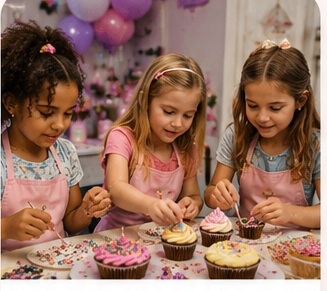 Kids decorating cakes and cupcakes at a party
