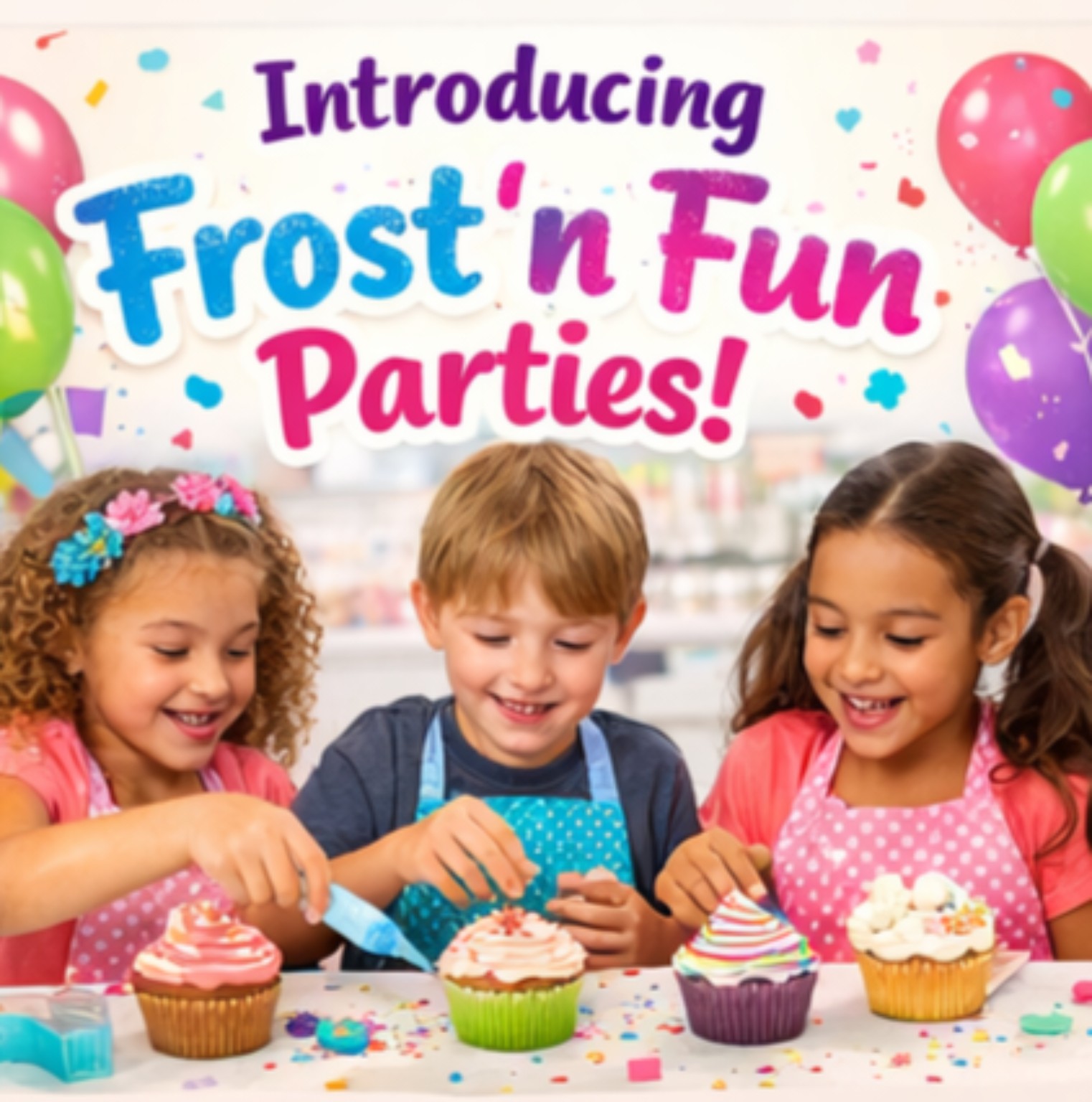 Kids decorating cupcakes at a Frost n Fun style party